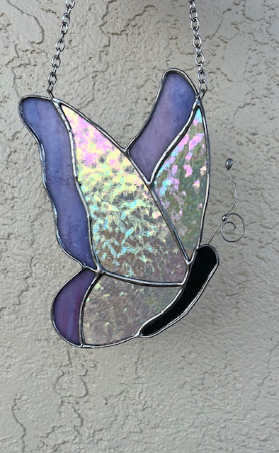 Iridescent Stained Glass Butterfly Suncatcher - Violet Framed Wings - Handmade Window Hanging - Silver Finish & Chain