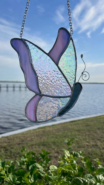 Iridescent Stained Glass Butterfly Suncatcher - Violet Framed Wings - Handmade Window Hanging - Silver Finish & Chain