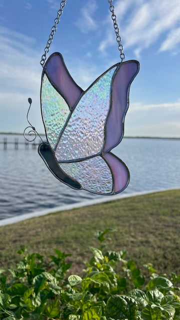 Iridescent Stained Glass Butterfly Suncatcher - Violet Framed Wings - Handmade Window Hanging - Silver Finish & Chain