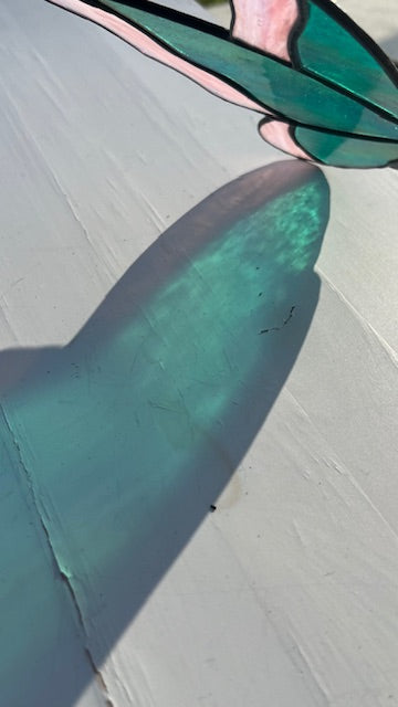 Iridescent Teal & Pink Stained Glass Butterfly Suncatcher - Handmade Window Hanging - Black Patina & Chain