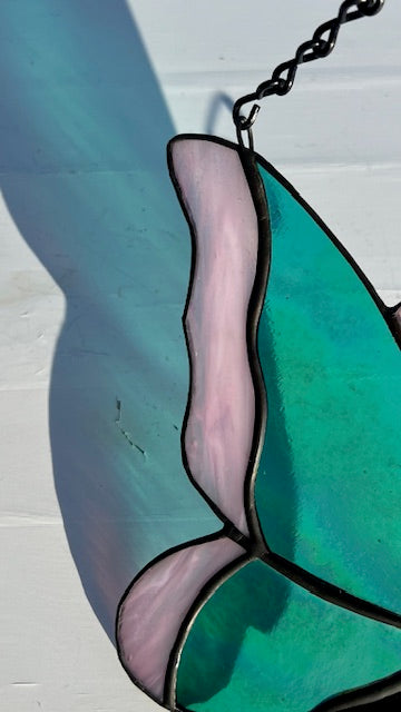Iridescent Teal & Pink Stained Glass Butterfly Suncatcher - Handmade Window Hanging - Black Patina & Chain