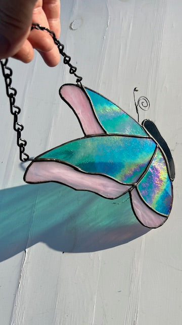 Iridescent Teal & Pink Stained Glass Butterfly Suncatcher - Handmade Window Hanging - Black Patina & Chain