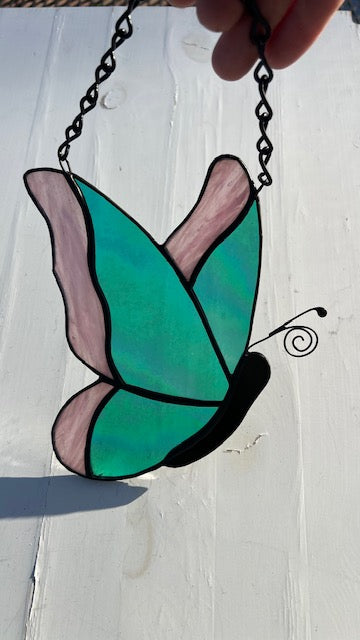 Iridescent Teal & Pink Stained Glass Butterfly Suncatcher - Handmade Window Hanging - Black Patina & Chain