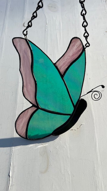 Iridescent Teal & Pink Stained Glass Butterfly Suncatcher - Handmade Window Hanging - Black Patina & Chain