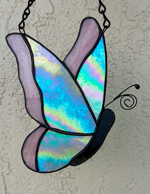 Iridescent Teal & Pink Stained Glass Butterfly Suncatcher - Handmade Window Hanging - Black Patina & Chain
