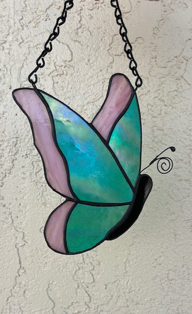 Iridescent Teal & Pink Stained Glass Butterfly Suncatcher - Handmade Window Hanging - Black Patina & Chain