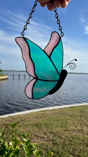 Iridescent Teal & Pink Stained Glass Butterfly Suncatcher - Handmade Window Hanging - Black Patina & Chain