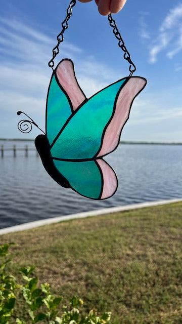 Iridescent Teal & Pink Stained Glass Butterfly Suncatcher - Handmade Window Hanging - Black Patina & Chain