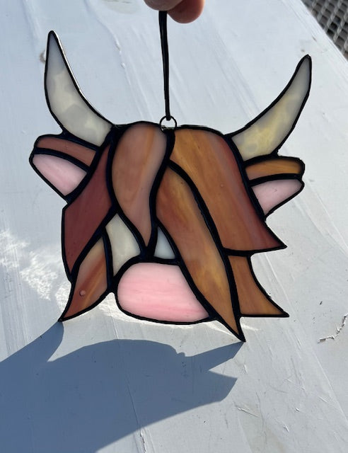 Highland Cow Stained Glass Suncatcher with Horse - Cute Pink Nose - Black Patina - Handmade USA Original