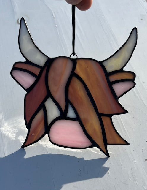 Highland Cow Stained Glass Suncatcher with Horse - Cute Pink Nose - Black Patina - Handmade USA Original
