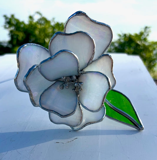 3D Stained Glass Flower Suncatcher,  Magnolia/Gardenia Inspired, Hand-Shaped Leaves, Iridescent White Glass | Handmade USA