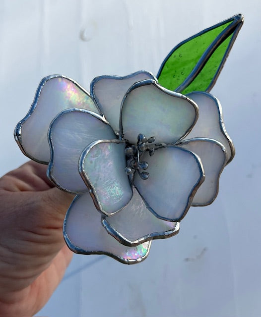 3D Stained Glass Flower Suncatcher,  Magnolia/Gardenia Inspired, Hand-Shaped Leaves, Iridescent White Glass | Handmade USA