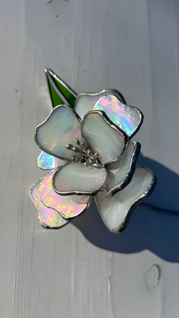 3D Stained Glass Flower Suncatcher,  Magnolia/Gardenia Inspired, Hand-Shaped Leaves, Iridescent White Glass | Handmade USA