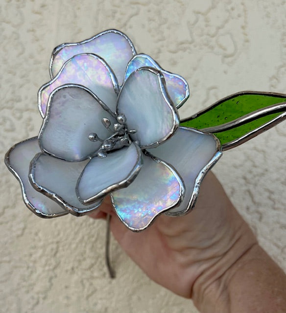 3D Stained Glass Flower Suncatcher,  Magnolia/Gardenia Inspired, Hand-Shaped Leaves, Iridescent White Glass | Handmade USA
