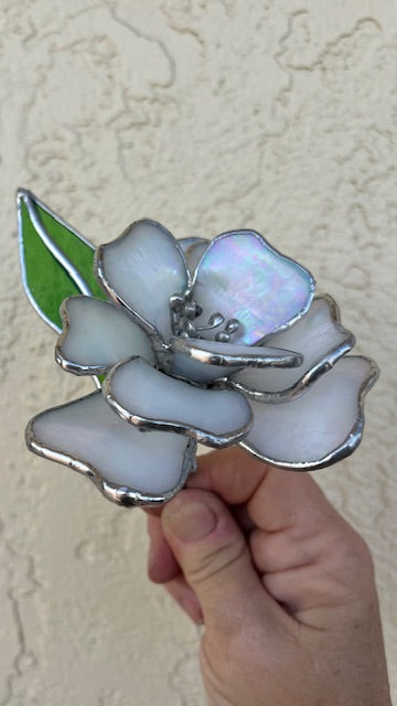 3D Stained Glass Flower Suncatcher,  Magnolia/Gardenia Inspired, Hand-Shaped Leaves, Iridescent White Glass | Handmade USA