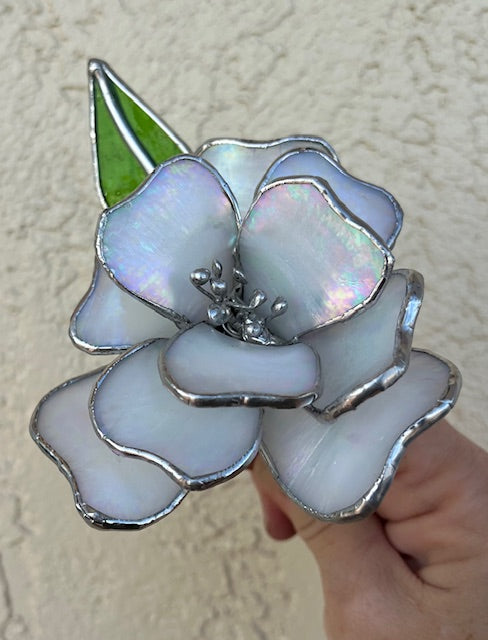 3D Stained Glass Flower Suncatcher,  Magnolia/Gardenia Inspired, Hand-Shaped Leaves, Iridescent White Glass | Handmade USA