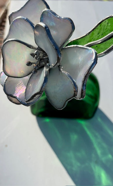3D Stained Glass Flower Suncatcher,  Magnolia/Gardenia Inspired, Hand-Shaped Leaves, Iridescent White Glass | Handmade USA