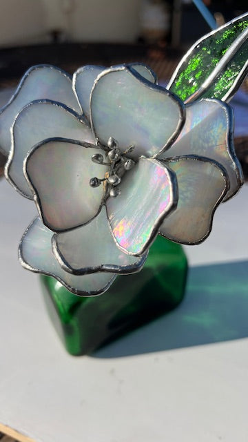 3D Stained Glass Flower Suncatcher,  Magnolia/Gardenia Inspired, Hand-Shaped Leaves, Iridescent White Glass | Handmade USA
