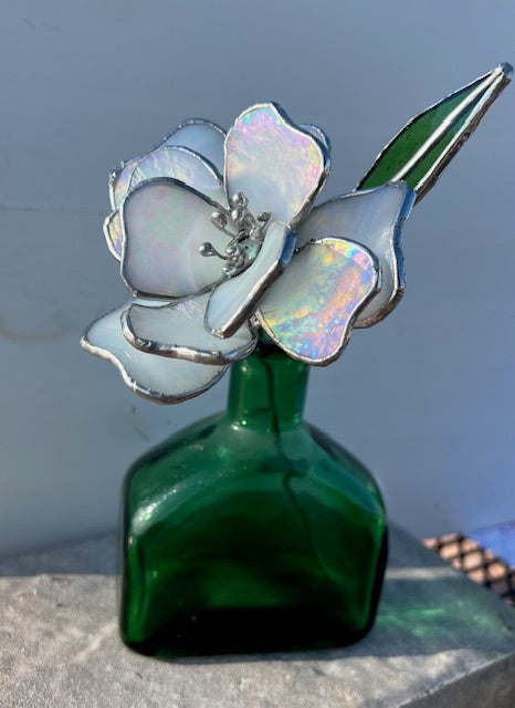 3D Stained Glass Flower Suncatcher,  Magnolia/Gardenia Inspired, Hand-Shaped Leaves, Iridescent White Glass | Handmade USA