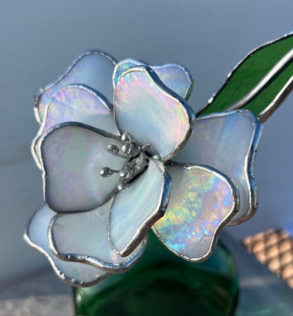 3D Stained Glass Flower Suncatcher,  Magnolia/Gardenia Inspired, Hand-Shaped Leaves, Iridescent White Glass | Handmade USA