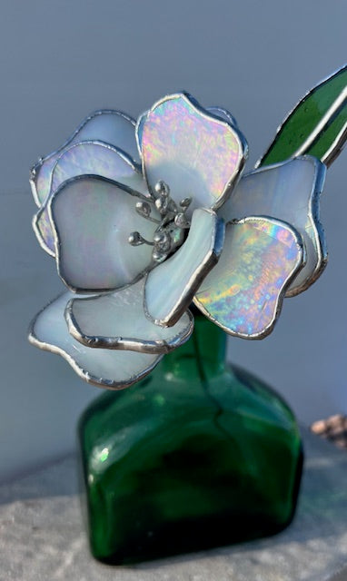 3D Stained Glass Flower Suncatcher,  Magnolia/Gardenia Inspired, Hand-Shaped Leaves, Iridescent White Glass | Handmade USA