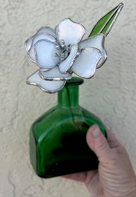 3D Stained Glass Flower Suncatcher,  Magnolia/Gardenia Inspired, Hand-Shaped Leaves, Iridescent White Glass | Handmade USA