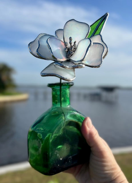 3D Stained Glass Flower Suncatcher,  Magnolia/Gardenia Inspired, Hand-Shaped Leaves, Iridescent White Glass | Handmade USA
