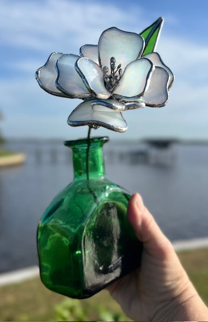 3D Stained Glass Flower Suncatcher,  Magnolia/Gardenia Inspired, Hand-Shaped Leaves, Iridescent White Glass | Handmade USA