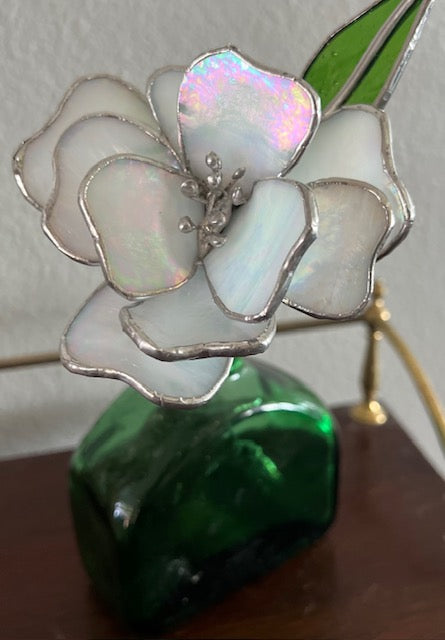 3D Stained Glass Flower Suncatcher,  Magnolia/Gardenia Inspired, Hand-Shaped Leaves, Iridescent White Glass | Handmade USA