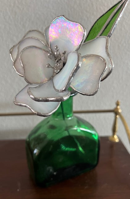 3D Stained Glass Flower Suncatcher,  Magnolia/Gardenia Inspired, Hand-Shaped Leaves, Iridescent White Glass | Handmade USA