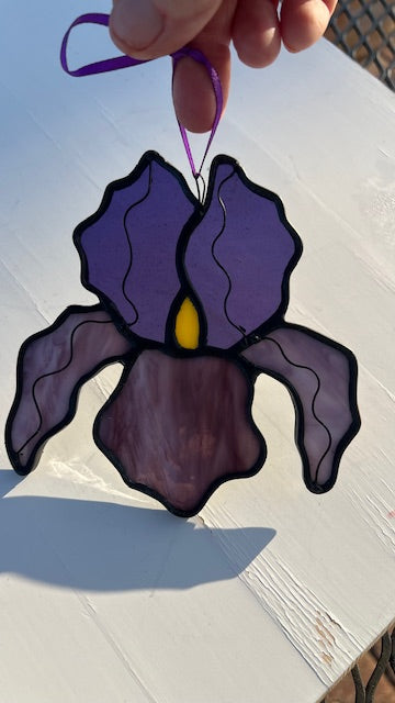 Stained Glass Iris Suncatcher – Dark Purple Flower with Yellow Center, Wire Petal Detail, Black Patina, Handmade USA One of a Kind Window Art