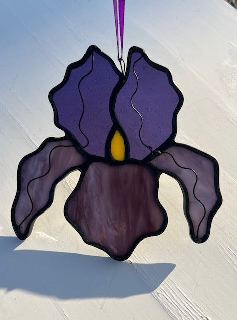 Stained Glass Iris Suncatcher – Dark Purple Flower with Yellow Center, Wire Petal Detail, Black Patina, Handmade USA One of a Kind Window Art