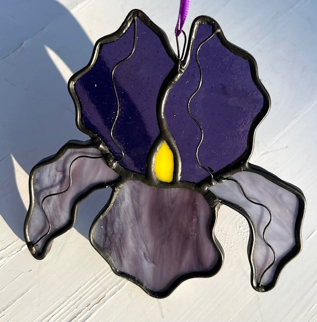 Stained Glass Iris Suncatcher – Dark Purple Flower with Yellow Center, Wire Petal Detail, Black Patina, Handmade USA One of a Kind Window Art