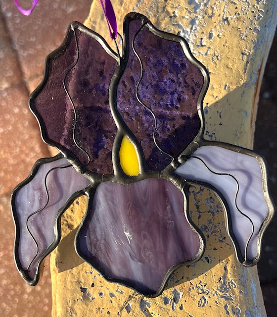 Stained Glass Iris Suncatcher – Dark Purple Flower with Yellow Center, Wire Petal Detail, Black Patina, Handmade USA One of a Kind Window Art