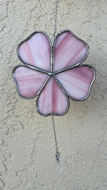 Delicate Pink Stained Glass Flower Suncatcher – 5 Petal Blossom with Prismatic Crystal Drop, Silver Finish, Handmade USA Window Decor
