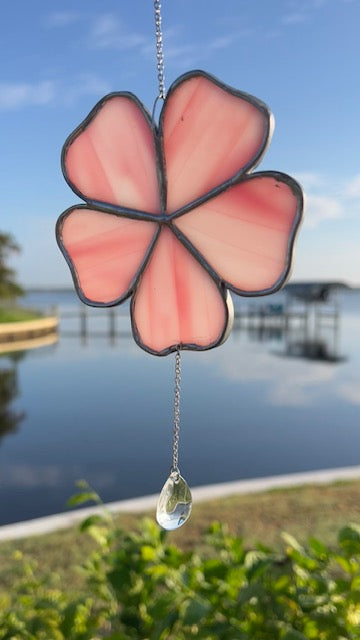 Delicate Pink Stained Glass Flower Suncatcher – 5 Petal Blossom with Prismatic Crystal Drop, Silver Finish, Handmade USA Window Decor