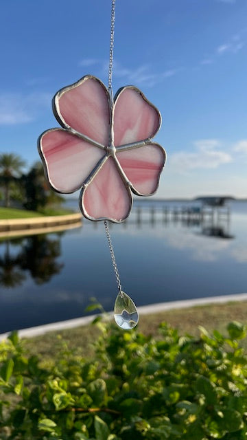 Delicate Pink Stained Glass Flower Suncatcher – 5 Petal Blossom with Prismatic Crystal Drop, Silver Finish, Handmade USA Window Decor