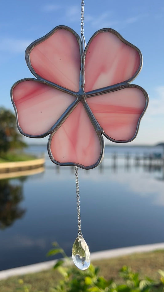 Delicate Pink Stained Glass Flower Suncatcher – 5 Petal Blossom with Prismatic Crystal Drop, Silver Finish, Handmade USA Window Decor