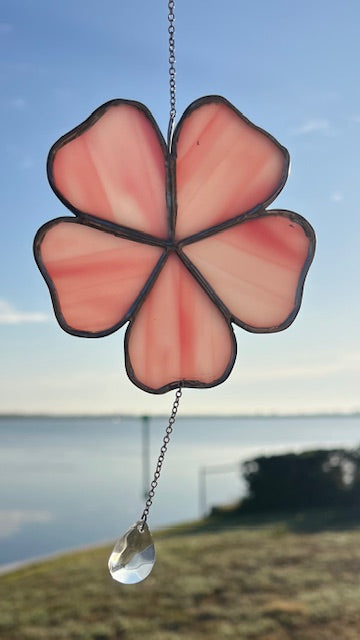 Delicate Pink Stained Glass Flower Suncatcher – 5 Petal Blossom with Prismatic Crystal Drop, Silver Finish, Handmade USA Window Decor