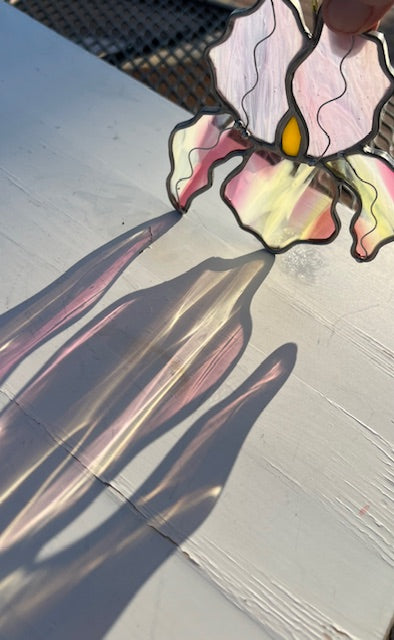 Stained Glass Iris Suncatcher – Pink & White Handblown Glass Flower with Yellow Center, Black Patina, Wire Detail, Handmade USA, One of a Kind