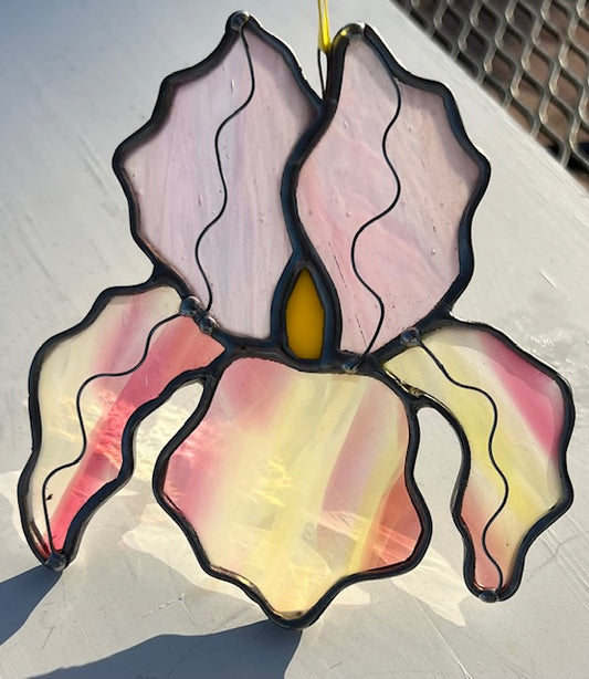 Stained Glass Iris Suncatcher – Pink & White Handblown Glass Flower with Yellow Center, Black Patina, Wire Detail, Handmade USA, One of a Kind