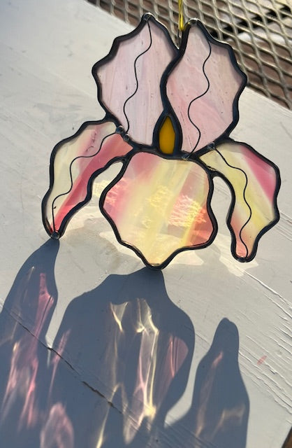 Stained Glass Iris Suncatcher – Pink & White Handblown Glass Flower with Yellow Center, Black Patina, Wire Detail, Handmade USA, One of a Kind