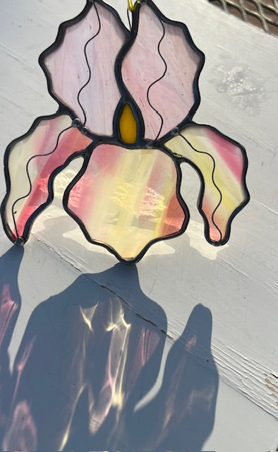 Stained Glass Iris Suncatcher – Pink & White Handblown Glass Flower with Yellow Center, Black Patina, Wire Detail, Handmade USA, One of a Kind