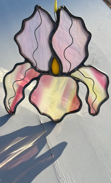Stained Glass Iris Suncatcher – Pink & White Handblown Glass Flower with Yellow Center, Black Patina, Wire Detail, Handmade USA, One of a Kind
