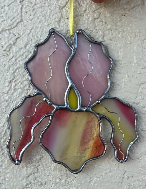Stained Glass Iris Suncatcher – Pink & White Handblown Glass Flower with Yellow Center, Black Patina, Wire Detail, Handmade USA, One of a Kind