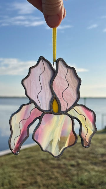 Stained Glass Iris Suncatcher – Pink & White Handblown Glass Flower with Yellow Center, Black Patina, Wire Detail, Handmade USA, One of a Kind