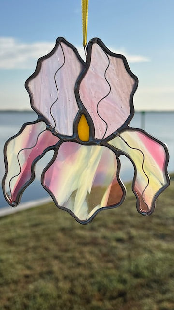 Stained Glass Iris Suncatcher – Pink & White Handblown Glass Flower with Yellow Center, Black Patina, Wire Detail, Handmade USA, One of a Kind