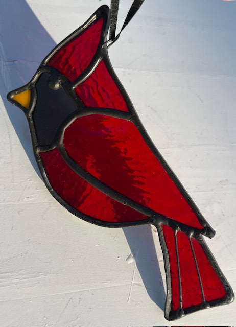 Stained Glass Cardinal Suncatcher – Memorial Sympathy Gift, Red Cardinal with Black Patina, Yellow Beak, Handmade in USA, Cardinal Window Decor