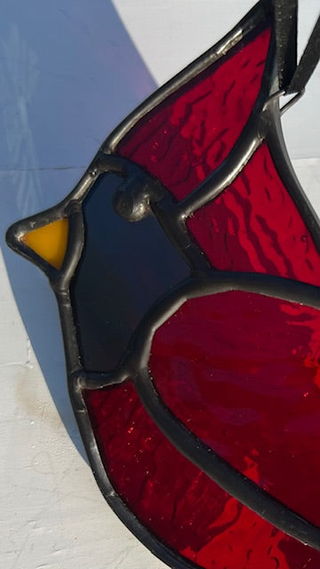 Stained Glass Cardinal Suncatcher – Memorial Sympathy Gift, Red Cardinal with Black Patina, Yellow Beak, Handmade in USA, Cardinal Window Decor