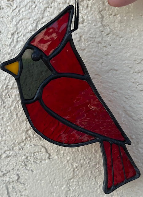 Stained Glass Cardinal Suncatcher – Memorial Sympathy Gift, Red Cardinal with Black Patina, Yellow Beak, Handmade in USA, Cardinal Window Decor